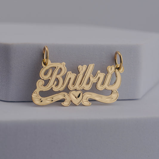 10K Mini Gold Curved Heart Nameplate Pendant | Lined and Diamond Cut Style