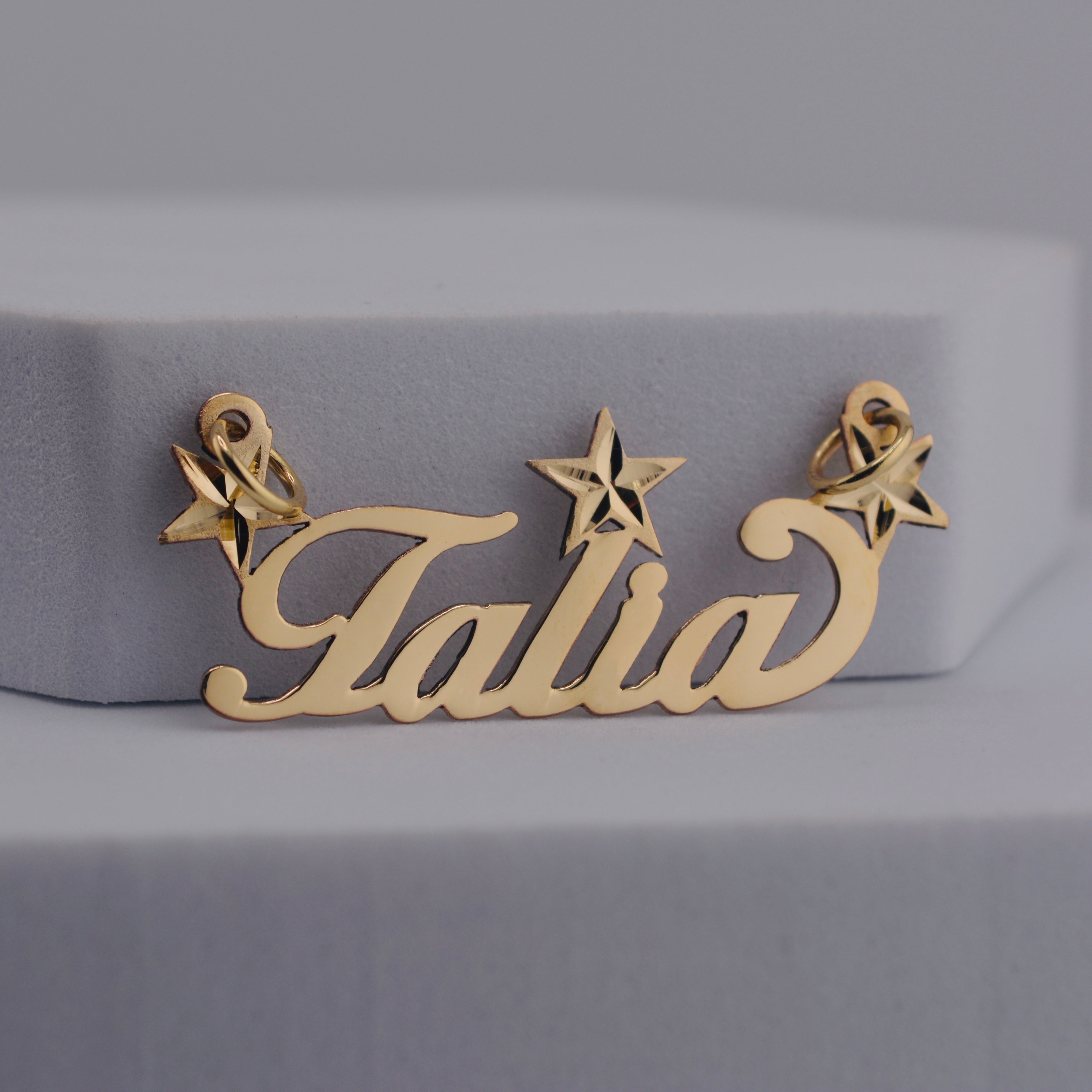 10K Gold Triple Star Nameplate Pendant
