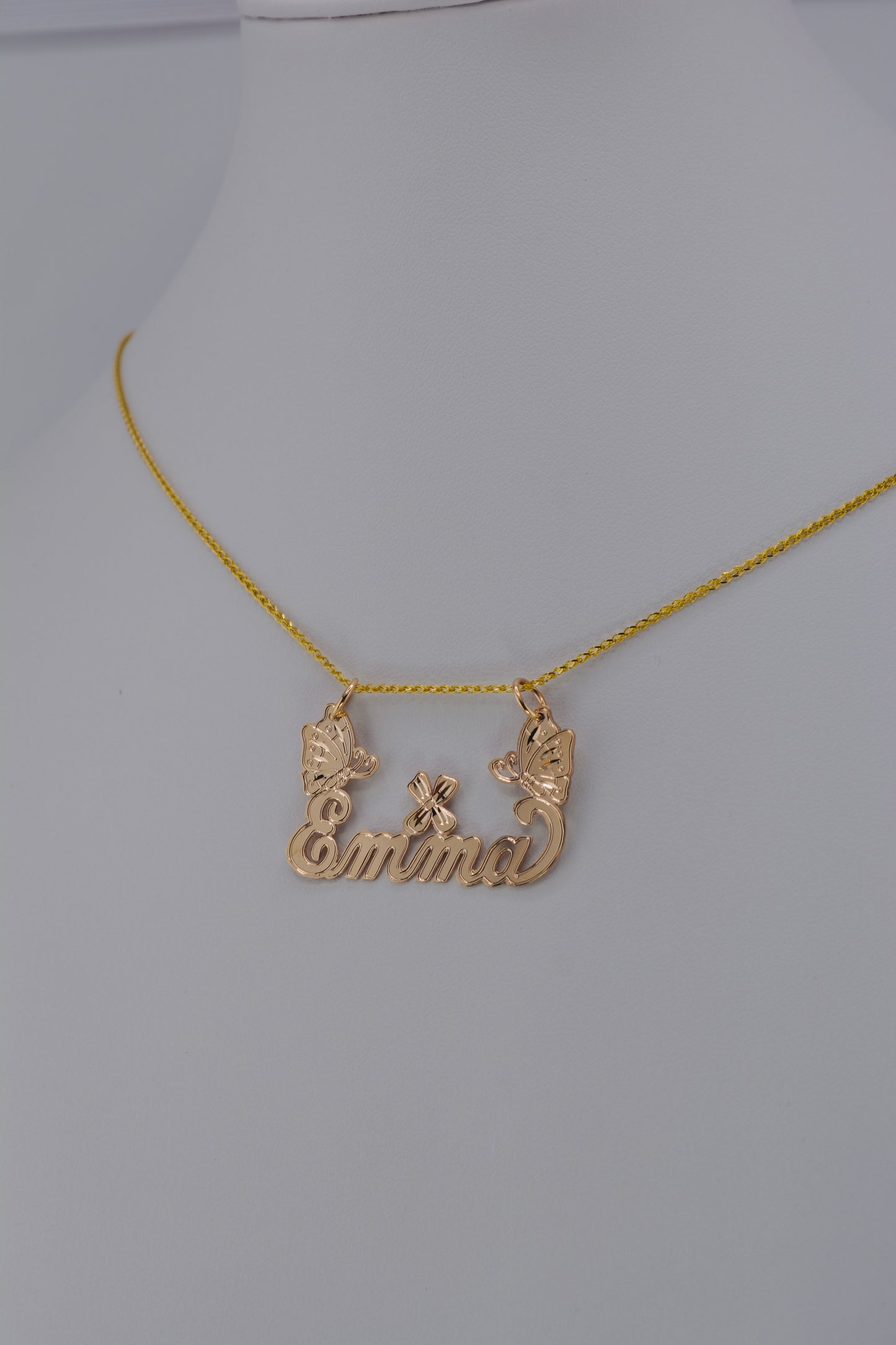 14K Gold Butterfly Flower Nameplate Pendant