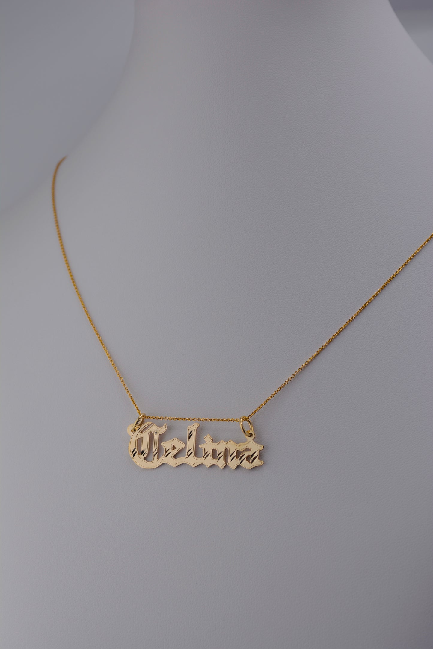 10K Gold Gothic Nameplate Pendant | Lined and Diamond Cut