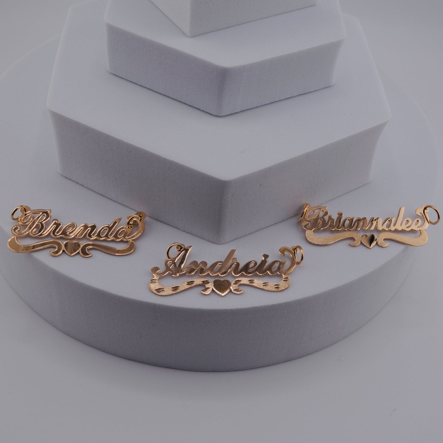 14K Gold Curved Heart Nameplate Pendant | Stone Finish + Diamond Cut